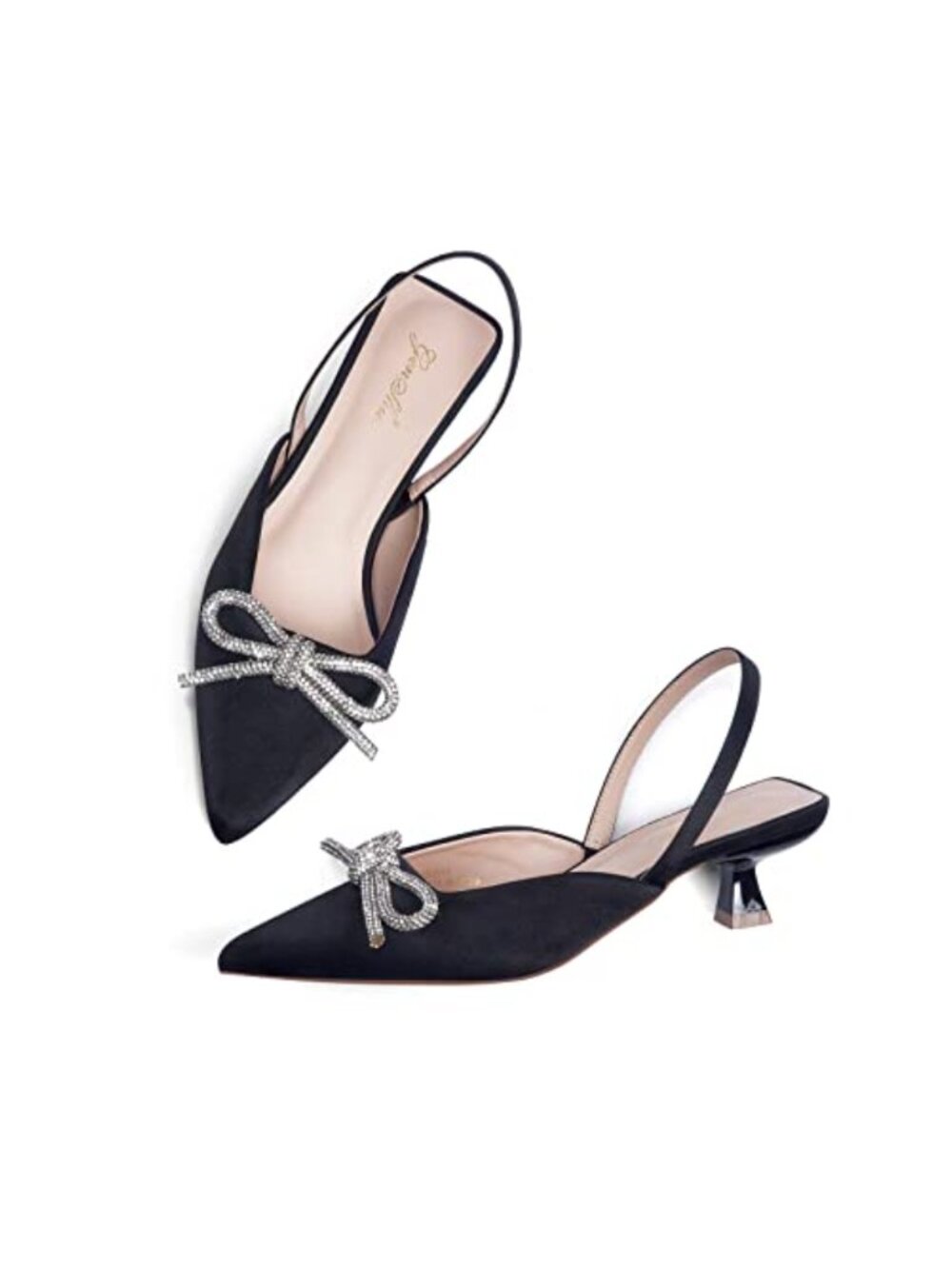 Slingback Kitten Heel Rhinestone Bow Closed Pointed Toe Slip On Wedding Dress